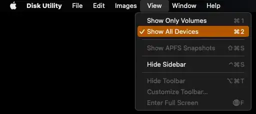 Screenshot of Disk Utility's View menu with 'Show All Devices' selected