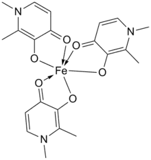 Deferiprone interaction with iron forming deferiprone-iron complex.