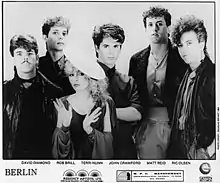 Berlin, c. 1982. L–R: David Diamond, Rob Brill, Terri Nunn, John Crawford, Matt Reid, and Ric Olsen.