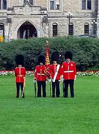 A colour guard with the Queen's colour of the CGG on Parliament Hill.