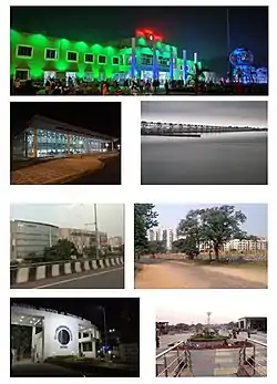 Clockwise from top: Durgapur Station, Kazi Nazrul Islam Airport, Durgapur Barrage, view of Durgapur Skyline, view of City Centre, NIT Durgapur, Durgapur Haat.