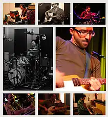 Photo collage of male musician performing live and in the studio