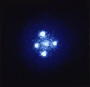 Five balls of light are arranged in a cross shape.