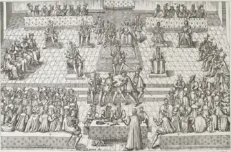 Picture of the estates general in session, with clergy left, nobility centre and commons right