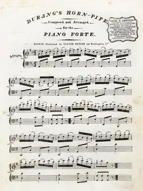 Sheet music for Durang's Horn Pipe published by Oliver Ditson, in Washington Street, Boston 19th century