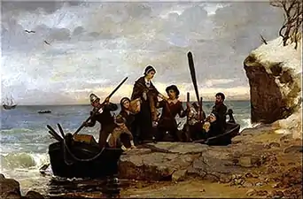 Pilgrim Fathers landing at Plymouth Rock in 1620.