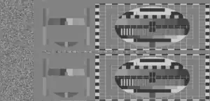 PM5544 pattern featured in a simulated MAC transmission; from left to right: digital data, chrominance and luminance. Both fields (odd and even lines) are shown.