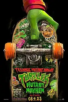 The poster shows a skateboard with Raphael's hand placed on top and covered with scratches, drawings, and stickers, including the film's logo and release date. The background is all black.