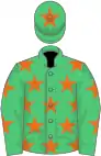 Emerald green, orange stars, emerald green cap, orange star