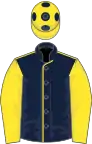 Dark blue, yellow seams and sleeves, yellow cap, blue spots