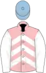 Pink, white chevrons and sleeves, light blue cap