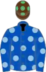 Royal blue, light blue spots, brown cap, emerald green spots