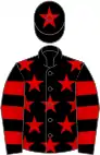 Black, red stars, hooped sleeves and star on cap