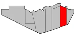 Location within Restigouche County.Heron Island erroneously shown as part of Durham Parish.