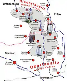 Map of area and towns inhabited by Sorbs.