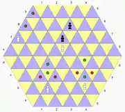 The white pawns can move to cells marked with green dots, or capture on red dots. The white pawn on f21 has no step straight forward, so advances one step at a time to promotion using its capture move, either moving or capturing. If the black pawn on g46 advances, the white pawn on e54 can capture it, for example: 1... e55 2. exf64 e.p.