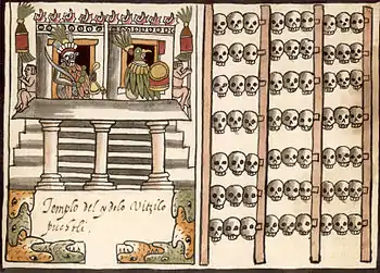 A tzompantli to the right of an Aztec temple dedicated to the Huitzilopochtli; illustrated in the 16th-century manuscript, the Ramírez Codex