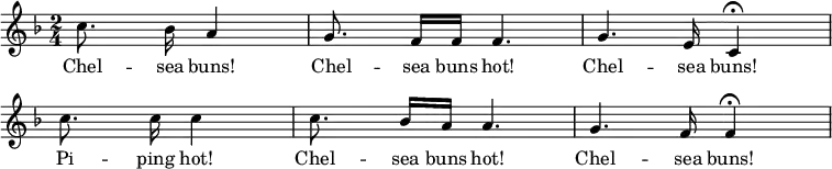 { \override Score.BarNumber #'break-visibility = #'#(#f #f #f) \key f \major \time 2/4 << \relative c'' { \autoBeamOff c8. bes16 a4 | g8. f16[ f] f4.*1/2 | g e16 c4\fermata | c'8. c16 c4 | c8. bes16[ a] a4.*1/2 | g f16 f4\fermata }
\new Lyrics \lyricmode { Chel8. -- sea16 buns!4 Chel8. -- sea16 buns hot!4.*1/2 Chel -- sea16 buns!4 Pi8. -- ping16 hot!4 Chel8. -- sea16 buns hot!4.*1/2 Chel -- sea16 buns!4 } >> }